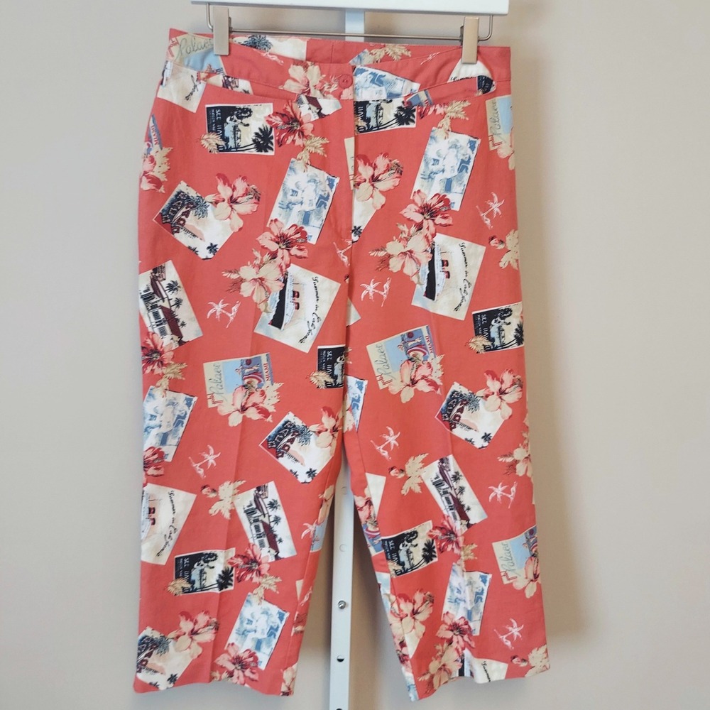 Bette & Court Womens Capris 8 Coral Pink Tropical‎ Postcard Print Pants Resort